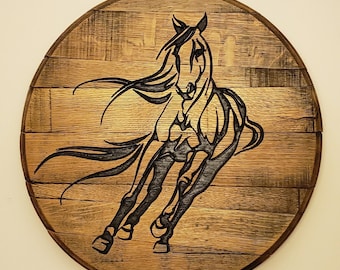 Running Horse Carved Bourbon Barrel
