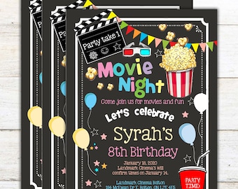 May include: Movie night birthday invitations with a chalkboard design. The invitations feature popcorn, 3D glasses, balloons, and the text "Movie Night" and "Syrah's 8th Birthday". The invitations are printed on black cardstock.