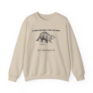 May include: Beige sweatshirt with a raccoon illustration and the text "IF THERE EVER COME A TIME I GOT RABIES" and "You're high on my bilin list". The raccoon is in black and white.