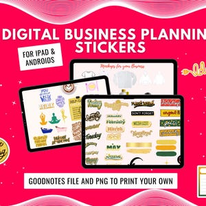 Op de afbeelding: Digitale zakelijke planningsstickers voor iPad en Android-apparaten. De stickers zijn in verschillende kleuren en ontwerpen, waaronder goud, groen en geel. De stickers bevatten tekst zoals "Vandaag", "Zondag", "Januari", "Februari", "Wensenlijst", "Doelen" en "Prioriteiten".
