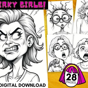 風変わりな女の子のぬり絵28ページ、大人とティーン向けのPDFデジタルダウンロード、気まぐれで楽しい女性アート、ファンキーなキャラクターラインデザイン