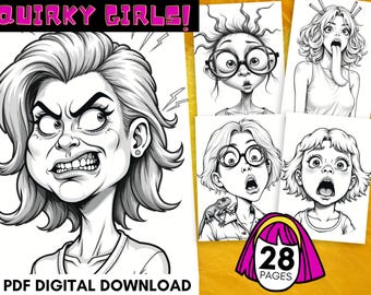 Quirky Girls 28 Coloring Pages,PDF Digital Download for Adults and Teens,Whimsical Fun Female Art,Funky Character Line Designs
