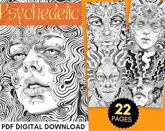 May include: A digital download of 22 coloring pages featuring psychedelic art with intricate line drawings of faces. The cover features a black and white illustration of a woman's face with swirling lines.