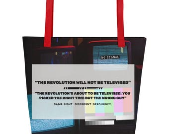 The Revolution Will Be Televised Tote Bag – Bold Graphic Statement Bag, Reusable Shopper, TV Art Print Design, Inside Pocket