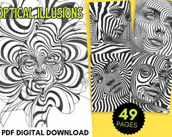 May include: A set of 49 printable pages featuring optical illusions of faces created with black and white stripes. The text "OPTICAL ILLUSIONS" is at the top of the page. The text "PDF DIGITAL DOWNLOAD" is at the bottom of the page. The text "49 PAGES" is in a circle with a black outline and a yellow fill.