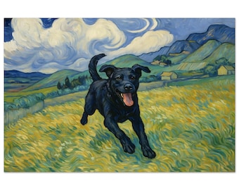 Running Through Vincent’s Field - Black Labrador Print | Van Gogh-Inspired Dog Art | MonChienNoir