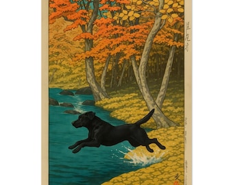 Black Labrador Art Print: Japanese Ukiyo-e Style Landscape