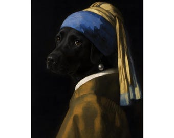 Black Lab with Pearl Earring Art Print: Vermeer Inspired Dog Portrait