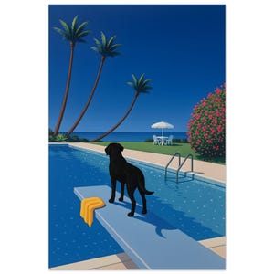 Può includere: Un cane nero sta in piedi su un trampolino vicino a una piscina. La piscina è circondata da palme e un set di mobili da giardino bianco. Un asciugamano giallo è sul trampolino.