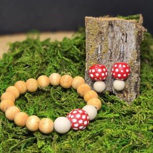 Mushroom Bead Bracelet and Earing Set- Handstained wood, terracotta, & White Jasper beads