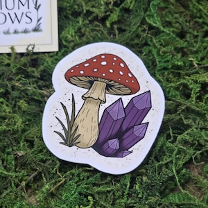 Sticker vinyle champignon et cristal - anesthésique naturel Cottagecore, sticker champignon vénéneux imperméable, sticker art cristal mystique