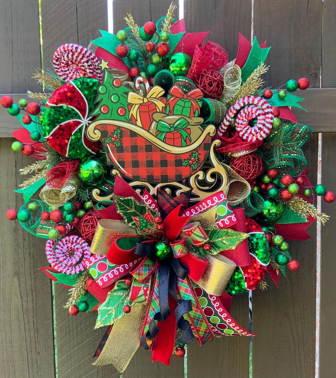 Handmade Christmas Wreath With Sleigh Decor, Red and Green Holiday Door ...