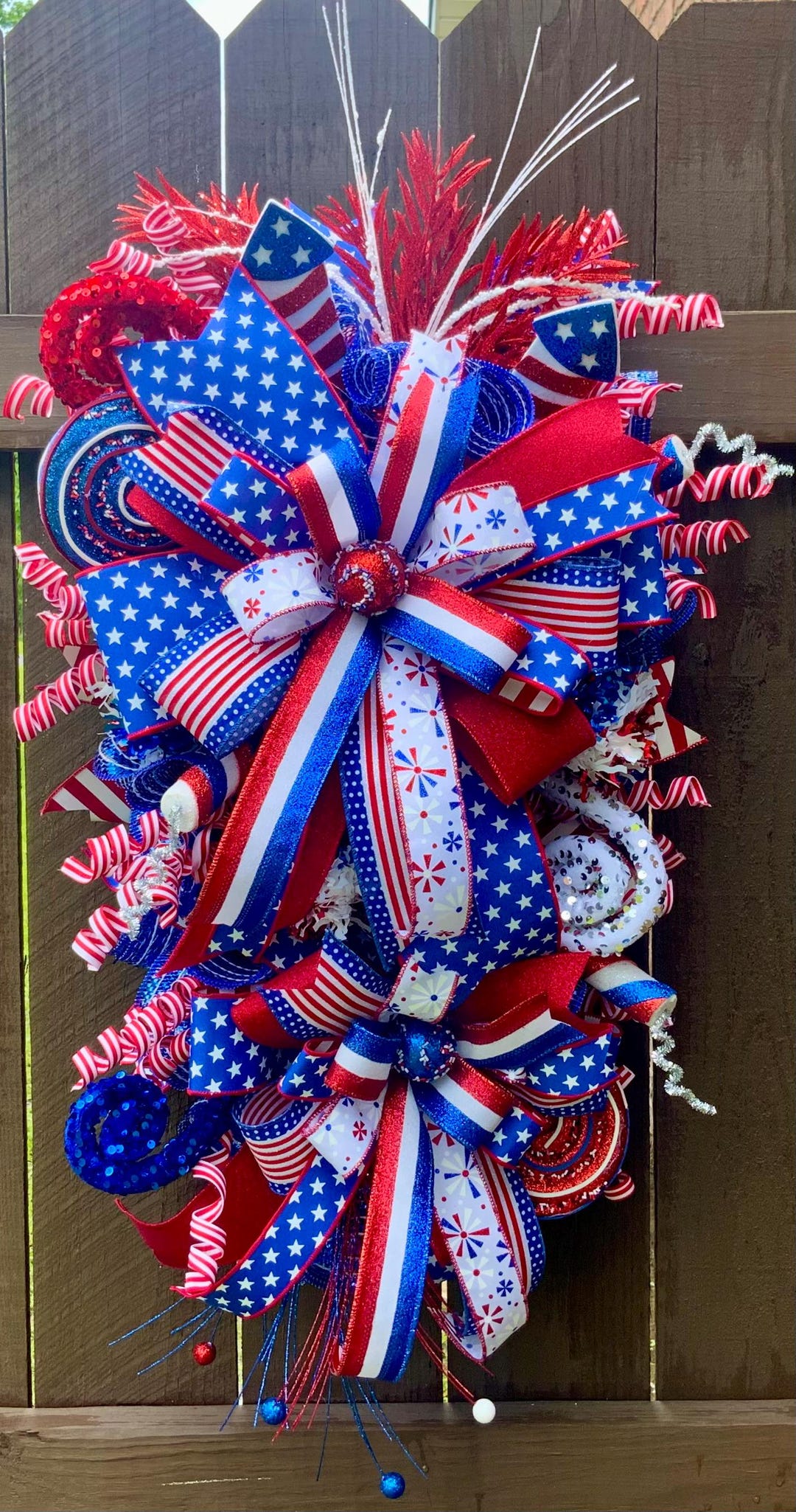Patriotic Swag Wreath, 4th of July Door Decor, Red White Blue Ribbon ...