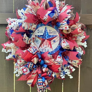 Military Rustic Patriotic Front Door Decor, God Bless The USA Patriotic Wreath, 4th Of July Patriotic Summer Wreath For Front Door