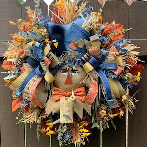 Handmade Fall Scarecrow Wreath, Rustic Autumn Farmhouse Decor, Old Crow Denim Scarecrow Wreath, Whimsical Fall Scarecrow Wreath, Gift Ideas