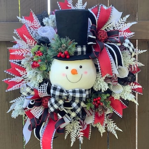 Snowman Christmas Wreath, Holiday Front Door Decor, Festive Winter Wreath, Buffalo Plaid Snowman Christmas Wreath For Front Door Decor
