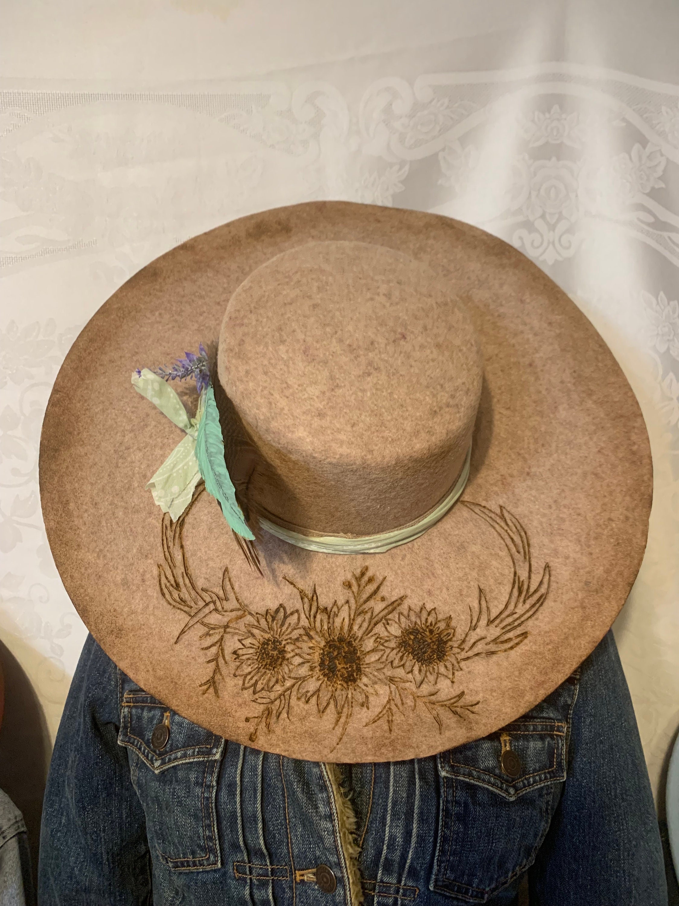 Western Style Large Brim Hat Burned Deer Horn and Flower Etsy