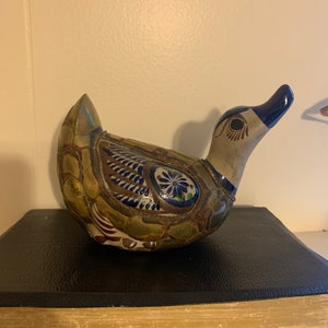 Vintage Mexican Pottery Brass Duck  - floral duck, hand painted duck, pottery and brass duck, ceramic duck, vintage duck statue, duck decor