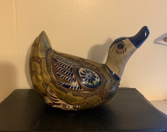 Vintage Mexican Pottery Brass Duck  - floral duck, hand painted duck, pottery and brass duck, ceramic duck, vintage duck statue, duck decor