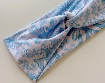 Adult Blue/Pink Floral Bow Headband, Seed and Root Hair Accessories, Headwraps, Neutral Hair Accessory, Top Knot, Spring, Flower