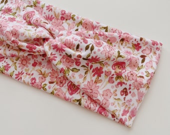 Pink Floral Headband, Seed and Root Hair Accessory, Headbands, Stretchy Top Knot, Neutral, Boho, Spring, Summer, Flowers