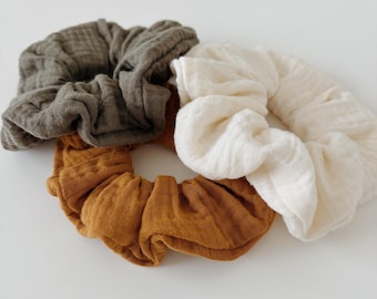 Adult Muslin Cream, Green, + Mustard Yellow Scrunchies, Seed and Root Hair Accessories, Hair Ties, Elastics, Neutral, Boho, Fall, Plain