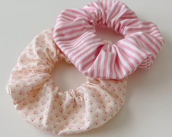 Adult Pink Poppy + Pink Stripes Scrunchies, Seed and Root Hair Accessories, Hair Ties, Elastics, Neutral, Boho, Summer, Spring,  Floral