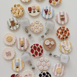 Clay Badge Reels, Tulip, Sun, Striped, Daisy, Coffee, Smiling Face, Bow, Fruit, Goose, Bear, Beach, ID Badge, Nurse, Polymer, Teacher