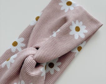 Adult Ribbed Pink Daisy Headband, Seed and Root Hair Accessories, Headwraps, Neutral Hair Accessory, Top Knot, Pink, Floral
