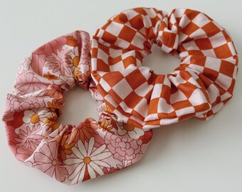 Adult Checkered + Pink Blooms Scrunchies, Seed and Root Hair Accessories, Hair Ties, Elastics, Neutral, Boho, Summer, Spring, Pink, Floral