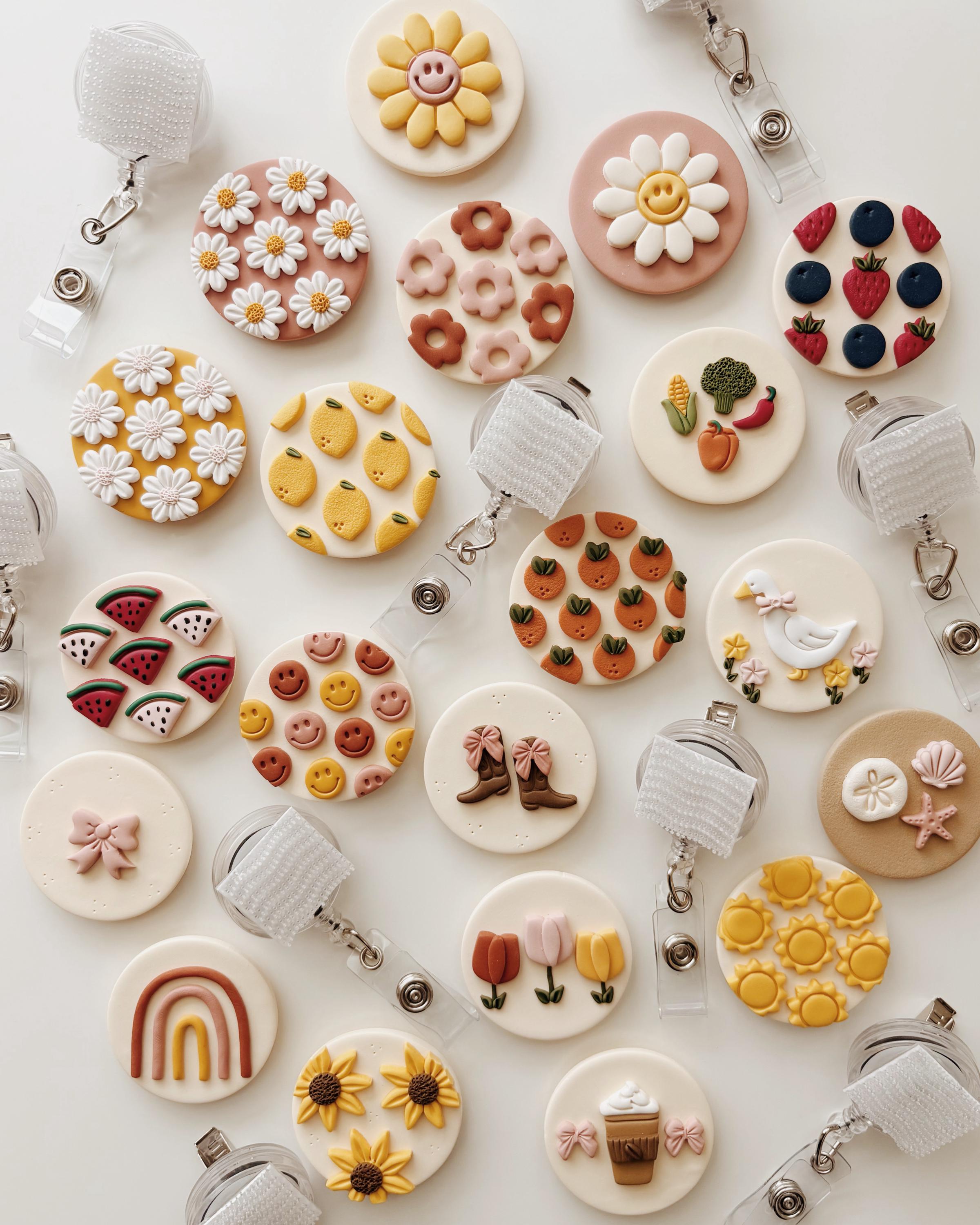 Clay Badge Reels, Adult, Boho, Rainbow, Sun, Sunflower, Daisy, Coffee, Smiling Face, Bow, Fruit, Goose, ID Badge, Nurse, Polymer, Teacher