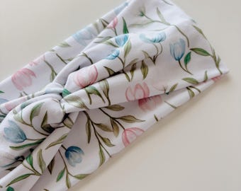 Adult Blue/Pink Tulips Headband, Seed and Root Hair Accessories, Headwraps, Neutral Hair Accessory, Top Knot, Spring, Flower, Floral
