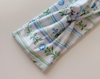 Adult Blue/Green Floral Headband, Seed and Root Hair Accessories, Headwraps, Neutral Hair Accessory, Top Knot, Spring, Flower, Stripes