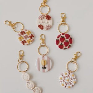 Polymer Clay Keychain: Mama, Tulips, Stripes, Smiley Face, Bows, Strawberries, Daisies