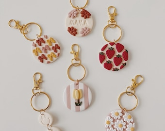 Polymer Clay Keychain: Mama, Tulips, Stripes, Smiley Face, Bows, Strawberries, Daisies