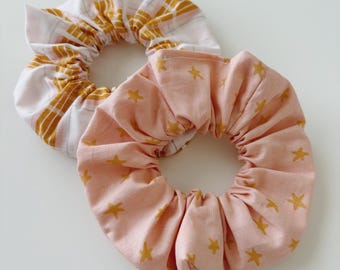 Adult Pink Stars + Pink Plaid Scrunchies, Seed and Root Hair Accessories, Hair Ties, Elastics, Neutral, Boho, Summer, Spring