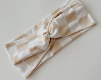 Beige Checkered Top Knot Headband - Neutral Hair Accessory