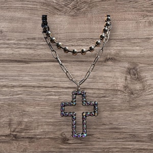 Rhinestone Cross Pendant  NAVAJO PEARLS /Western Cross   Statement  Necklace /Boho western cross/Vaquera Necklace