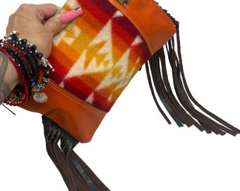 Wool and leather Clutch Wristlet Purse, Tequilla Sunrise