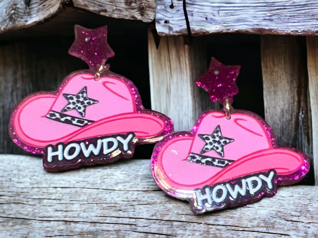 Howdy Hot Pink Glitter Cowgirl Hat Earringhowdy Earring Pink - Etsy