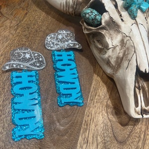 Howdy Turquoise Blue Glitter Cowgirl Hat Earring,Howdy Earring Turquoise glitter ,Howdy Earrings, Cowgirl Hat.. Punchy bachelorette