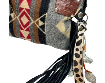 Malibu wool Clutch and Leather Fringe, Wristlet Purse, Boho Fringe Bag