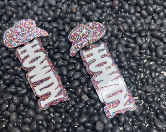 Pink Glitter Howdy Cowgirl Hat Earrings, Bachelorette Party