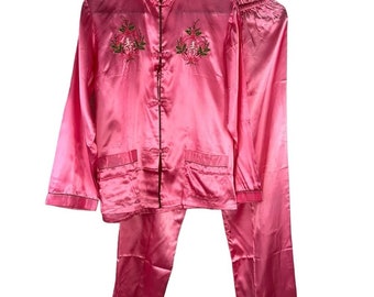 New Vintage Longevity Pink Satin Chinese Pajama Set Large Embroidered