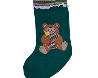 Vintage Green Teddy Bear Christmas Stocking Large Ornament