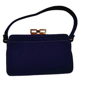 Vintage 1950s Mel-Ton Navy Blue Wool Handbag Gold Brass Clasp Purse
