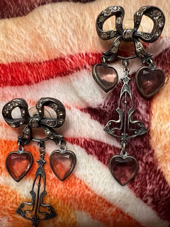 Vintage Bow Tie pierced earrings with Topaz heart 