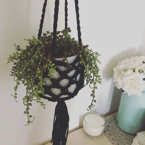 May include: A black macrame plant hanger with a white pot and a green succulent plant. The hanger has a tassel at the bottom.