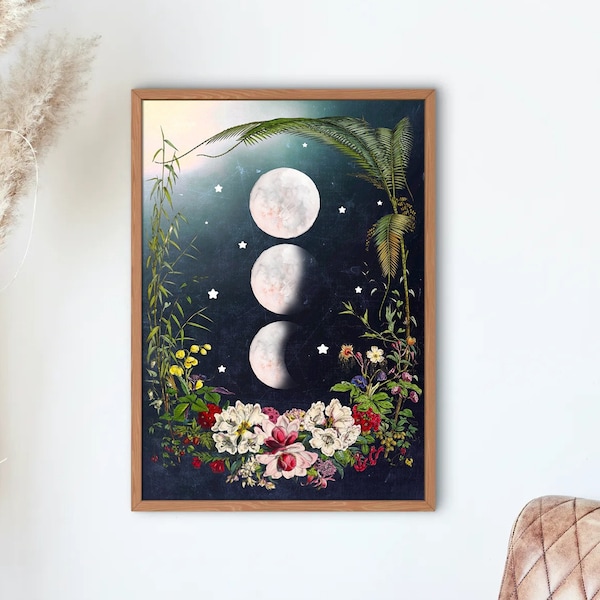 Floral Moon Phases Print - Night Sky, Celestial Art, Mystical Print, Crescent Moon, Watercolour, Lunar Phases, Flowers, Boho, Modern Home
