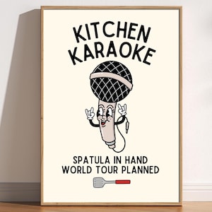 Kitchen Karaoke Retro Character Print, Fun Kitchen Print, Retro Mascot Cartoon, Funny 60s 70s Wall Art, Microphone, Kitchen Disco, Chef Cook
